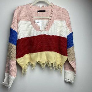Zaful Pink Multicolor Striped Fringed Edge Knit Cropped Sweater Women's One Size